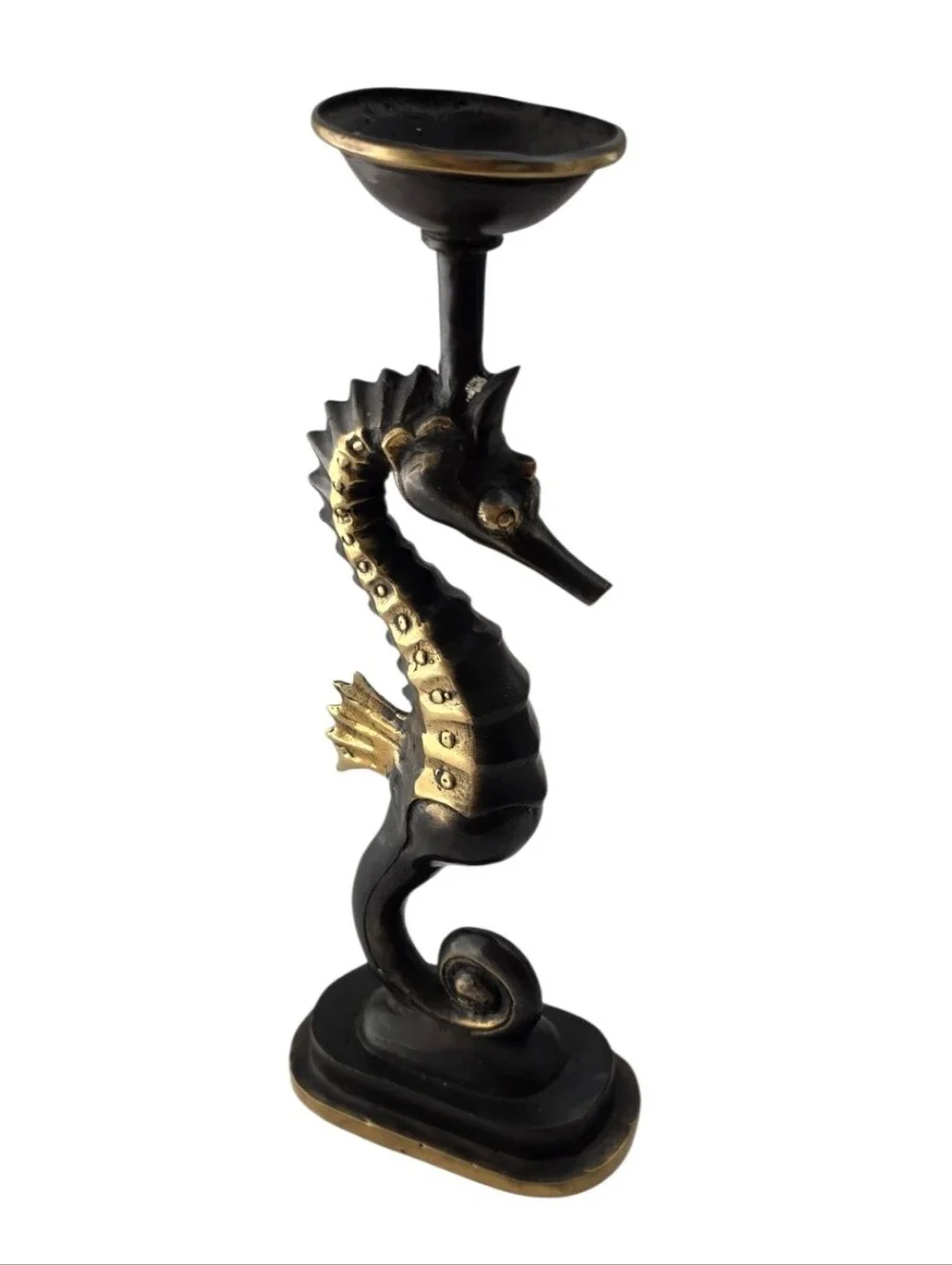 Vintage Cast Brass Seahorse Tealight & Trinket Dish Coastal Vanity Set